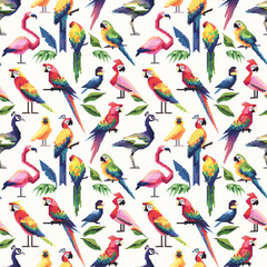Obraz premium A design featuring a repetitive pattern of pixelated birds, including colorful parrots, elegant peacocks, and vibrant flamingos.