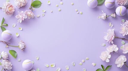 Tennis ball and pretty flowers, copy purple banner background with space,テニスボールと可愛い花、コピー スペースのある紫のバナーの背景,Generative AI