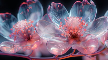 Glass flowers on a gradient background in pink and blue tones, with light white petals and crystal clear glass texture.