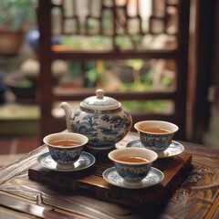 Chinese tea ceremony with blue and white porcelain gaiwan and cups