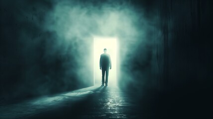 Obscurity concept, dark figure standing in front of bright light at end of tunnel, journey life death afterlife heaven