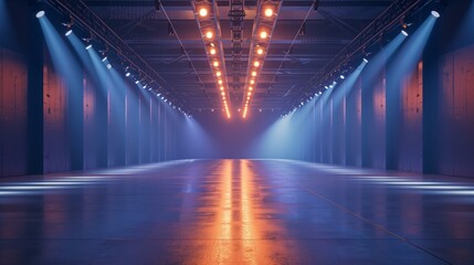 empty fashion runway with blue and orange lights, glamour luxury event performance entertainment