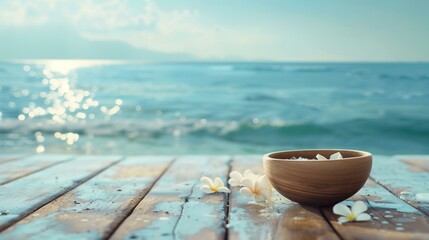 Harmony concept, tranquil scene with bowl and flowers on dock overlooking ocean, delicate quiet still untroubled unruffled