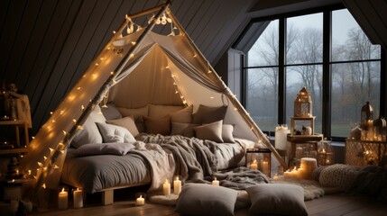 Cozy bedroom with a teepee bed and lots of pillows and blankets