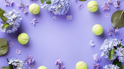 Tennis ball and pretty flowers, copy purple banner background with space,テニスボールと可愛い花、コピー スペースのある紫のバナーの背景,Generative AI