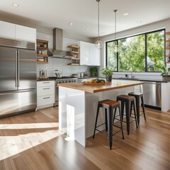 Modern kitchen with stainless steel appliances and a large island with seating