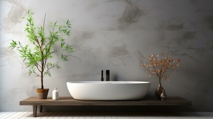 Bathroom interior with bathtub, plants and wooden shelf