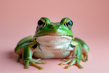 A green frog sits on a pink background