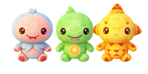 set of 3 stuffed friendly cute alien , turtle and star plushie stuffed soft playtime toys isolated on a transparent background