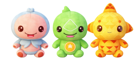 set of 3 stuffed friendly cute alien , turtle and star plushie stuffed soft playtime toys isolated on a transparent background