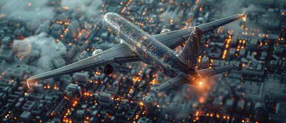 Advanced aviation technology visualized as an airplane merging with a dynamic microchip design, showcasing efficiency and innovation in air travel 8K , high-resolution, ultra HD,up32K HD