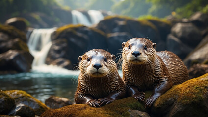 Otters close view on sea 