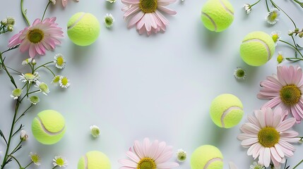 Tennis ball and pretty flowers, copy white banner background with space,テニスボールと可愛い花、コピー スペースのある白のバナーの背景,Generative AI