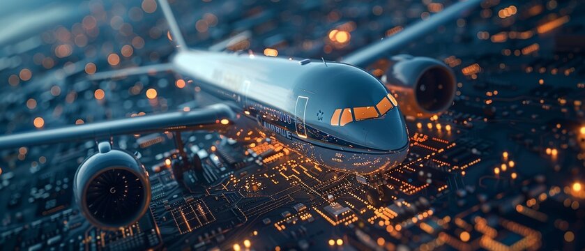 Advanced aviation technology visualized as an airplane merging with a dynamic microchip design, showcasing efficiency and innovation in air travel 8K , high-resolution, ultra HD,up32K HD
