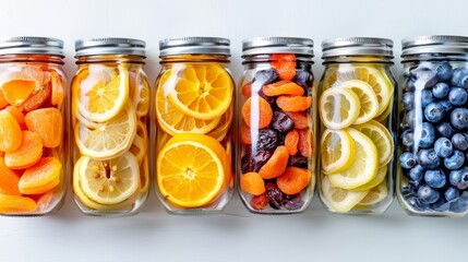 Assorted glass jars filled with vibrant dried fruits displayed on white background