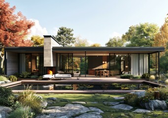 Modern House Exterior Design with Pool and Garden