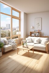 Fototapeta premium Airy and bright living room with large windows and a minimalist design