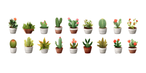 collection of different mixed cactus and succulents types of small mini plant in modern ceramic nordic vase pot as furniture cutouts isolated on a transparent background