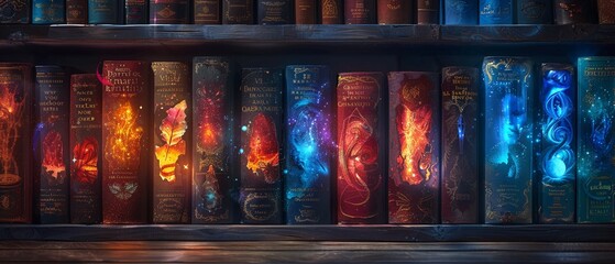 Books on a magical shelf, their covers unfurling into epic tales and landscapes, offering readers a glimpse into their enchanting worlds