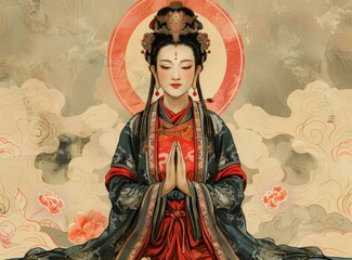 Fototapeta premium A Chinese woman in traditional costume is sitting in a lotus position with her hands together in front of her.