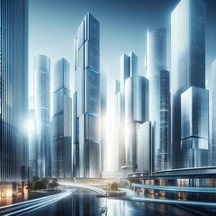 A sleek, futuristic cityscape with towering skyscrapers gleaming in the sunlight.