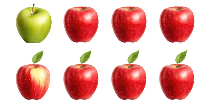 collection of organic natural full red and green apple fruit isolated on a transparent background