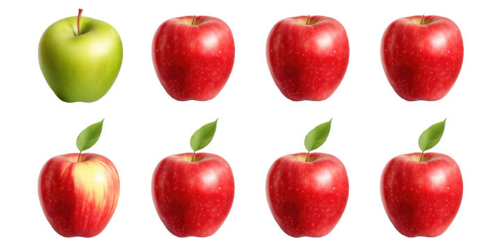 collection of organic natural full red and green apple fruit isolated on a transparent background