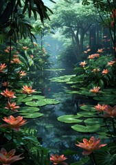Naklejka premium Mystical jungle river with giant flowers