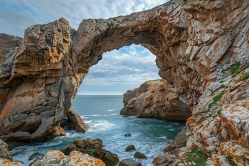 Fototapeta premium à¤µà¤¿à¤¶à¤¾à¤² à¤šà¤Ÿà¥à¤Ÿà¤¾à¤¨ à¤®à¥‡à¤‚ à¤¬à¤¨à¤¾ à¤ªà¥à¤°à¤¾à¤•à¥ƒà¤¤à¤¿à¤• à¤ªà¥à¤² à¤œà¤¹à¤¾à¤ à¤¸à¥‡ à¤¦à¤¿à¤–à¤¤à¤¾ à¤¹à¥ˆ à¤¸à¤®à¥à¤¦à¥à¤° à¤•à¤¾ à¤–à¥‚à¤¬à¤¸à¥‚à¤°à¤¤ à¤¨à¤œà¤¾à¤°à¤¾