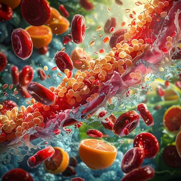 Illustrated sequence of vitamin C entering the bloodstream, focusing on its antioxidant action in cellular environments