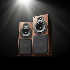 Two wooden floor standing speakers on a black background