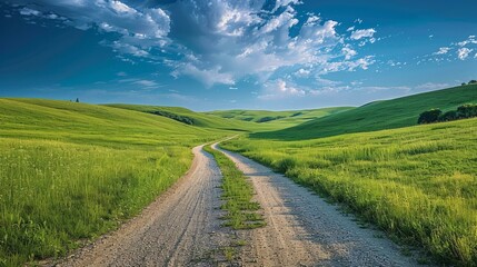 Scenic view of a rural road through a lush green hilly landscape