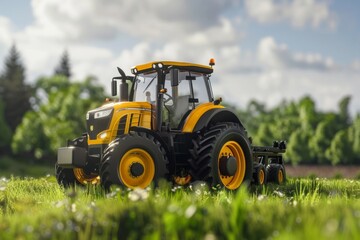 Yellow Toy Tractor on a Grassy Field - Farming Agricultural Theme