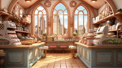 Obraz premium An illustration of a bakery with a city view