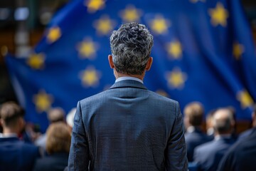 Eu parliament politics  unrecognizable figures facing eu flag, symbolizing european union politics