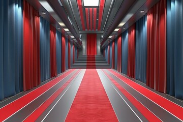 Red and blue curtained hallway with red carpet