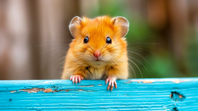 A small brown hamster is sitting on top of a blue fence.