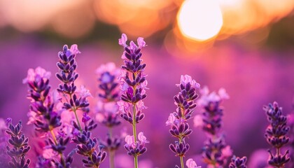 blooming lavender flowers at sunset in provence france macro image