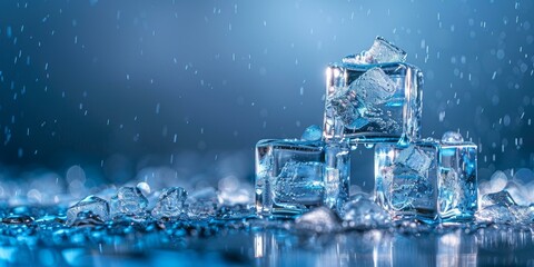 Ice cubes on a blue background with water drops