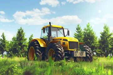 Obraz premium Yellow Toy Tractor on a Grassy Field - Farming Agricultural Theme