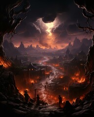 Fantasy landscape with a ruined city