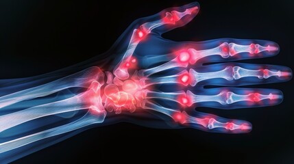 X-ray view of a hand with bone inflammation, red markers indicating areas of concern, close-up