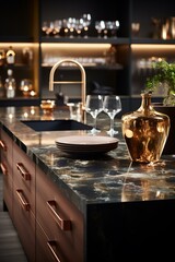 Kitchen Island With Plates And A Golden Vase