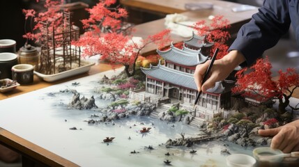 A Chinese artist is painting a picture of a traditional Chinese courtyard house