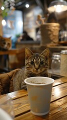 A cat is sitting on a table in a cafe