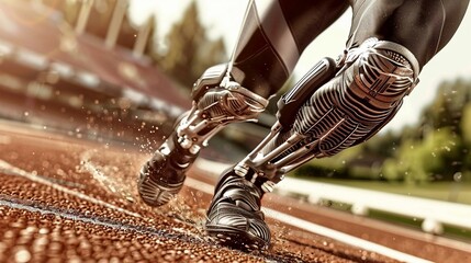 A closeup shot of a disabled professional runner with prosthetic legs, focused and determined, running in a stadium 8K , high-resolution, ultra HD,up32K HD