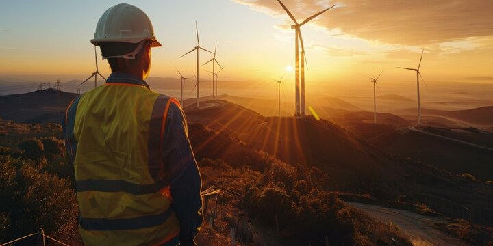 Wind turbines generate clean energy as the sun sets over the horizon