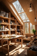 Fototapeta premium A well-organized wood workshop with natural sunlight