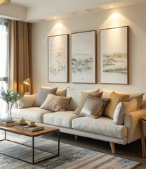 Bright and Airy Living Room With Three Landscape Paintings