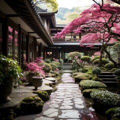Fototapeta premium Japanese garden with pink trees and stone path